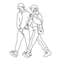 casal ambulante em estilo linear simples. página para colorir. homem e mulher caminhando juntos de braços dados. moda casual na moda fora de desgaste. vetor