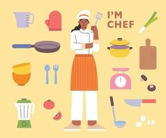 personagem de chef feminino. utensílios de cozinha são organizados em torno dela. vetor