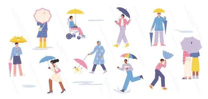 muitas pessoas na rua com guarda-chuvas em um dia chuvoso. ilustração em vetor estilo design plano.
