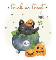 gato gatinho preto engraçado bonito na panela de caldeirão ilustração em vetor personagem animal aquarela de halloween