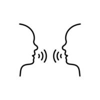 ícone de linha de conversa de dois homens. as pessoas enfrentam a cabeça no perfil falam pictograma linear. ícone de contorno de fala de conversa de pessoa. discussão de comunicação. traço editável. ilustração vetorial isolado. vetor