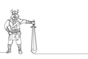único desenho de uma linha viking masculino com físico forte e suportes aéreos belicosos segurando a espada. guerreiro nórdico usando capacete com chifres com barba segurando a espada. vetor de design de desenho de linha contínua