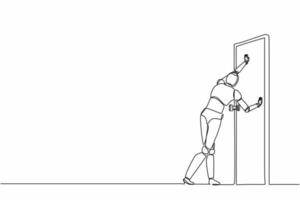 único robô de desenho de linha em pé e empurrando a porta fechada. desenvolvimento tecnológico futuro. inteligência artificial e processo de aprendizado de máquina. ilustração em vetor gráfico de design de linha contínua