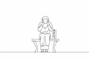 único desenho de uma linha empresária árabe triste, depressão. mulher solitária sentada no banco do parque. personagem feminina jovem segurando a cabeça dela. conceito de falha. gráfico de vetor de design de desenho de linha contínua