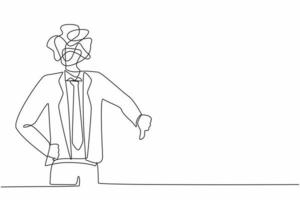 empresário de desenho de linha contínua com rabiscos redondos em vez de uma cabeça. macho confuso mostrando sinal de polegar para baixo, antipatia, desaprovação, desacordo. ilustração vetorial de desenho de linha única vetor