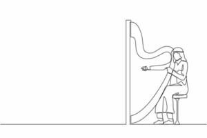 único desenho de uma linha músico de homem árabe tocando harpa. personagem de artista de música clássica com instrumento musical. macho sentado e tocando harpa. ilustração em vetor gráfico de design de linha contínua