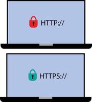 protocolos http e https em fundo branco. navegação segura na web e sinal de criptografia de dados. símbolo https seguro e protegido. estilo plano. vetor