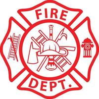 sinal de emblema de bombeiro em fundo branco. símbolo do corpo de bombeiros. cruz maltesa do bombeiro. estilo plano. vetor