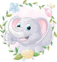 elefante fofo e quadro de flora ilustração de aquarela animal dos desenhos animados vetor