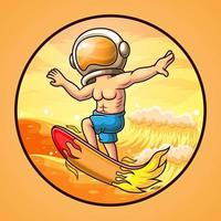 mascote logotipo astronauta surfando na praia vetor