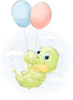 crocodilo bonito doodle voando nas nuvens usando balões com ilustração em aquarela vetor