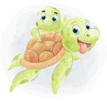 doodle fofo mãe e filho tartaruga com ilustração em aquarela vetor