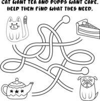 jogo de labirinto para crianças. ajude o gato a encontrar o chá e o bolo de dedo de cachorro. livro de colorir imprimível pré-escolar com labirinto de estrada emaranhado. ilustração em vetor preto e branco.