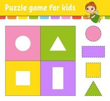 jogo de puzzle para crianças. copiar e colar. prática de corte. formas de aprendizagem. planilha de educação. círculo, quadrado, retângulo, triângulo. página de atividades. Personagem de desenho animado. vetor