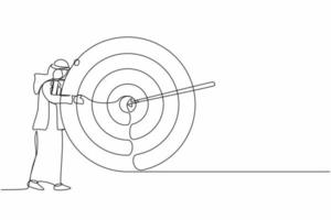único desenho de linha contínua empresário árabe abraça e fica ao lado do círculo do alvo vermelho, seta que atingiu o alvo bem no meio, analisa o resultado da conquista dentro da empresa. design de desenho de uma linha vetor