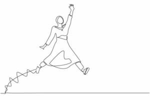 única linha contínua desenho empresária árabe feliz pulando com espalha as duas pernas e levanta uma mão. vendedora comemora aumento salarial da empresa. ilustração vetorial de design de desenho de uma linha vetor