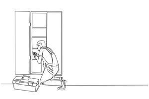 reparo contínuo de um desenho de linha, fabricante ou construções de móveis de madeira para casa. carpinteiro de homem está montando guarda-roupa ou armário com prateleiras. ilustração gráfica de vetor de desenho de linha única