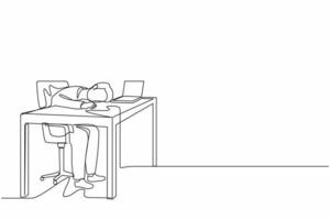 única linha contínua desenho exausto e cansado gerente masculino no escritório triste chato sentado com a cabeça para baixo no laptop. problemas de saúde mental do trabalhador frustrado. vetor de design gráfico de desenho de uma linha