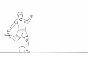 único desenho de uma linha atleta de homem com deficiência jogando futebol. jogador de futebol com deficiência com prótese de perna. partida, competição. treinamento esportivo para deficientes. vetor gráfico de desenho de desenho de linha contínua