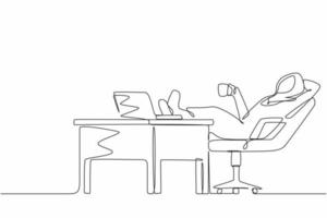 única linha contínua desenho empresária árabe trabalho relaxado na mesa e bebida xícara de café. design plano de personagem de funcionário trabalhando com computador portátil. ilustração vetorial de design de desenho de uma linha vetor