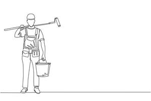 um único pintor de desenho de linha com balde de tinta e rolo de pintura. reparador profissional de macacão no fundo da renovação do apartamento. vetor gráfico de design de desenho de linha contínua moderno