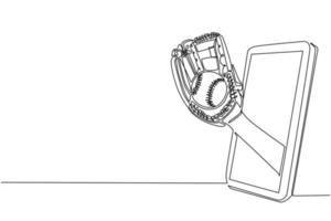 única mão de arremessador de desenho de linha contínua segura bola de beisebol com luva através do telefone celular. smartphone com aplicativo de jogos de beisebol. campeonato de transmissão de esportes móveis. vetor de design de desenho de uma linha