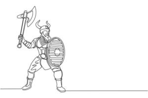 único desenho de uma linha grande e forte guerreiro laranja muscular viking com machado e escudo ataca furiosamente. viking no capacete com chifres, segurando o machado e o escudo. ilustração em vetor design de desenho de linha contínua