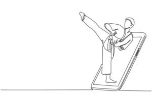 homem de taekwondo desenho contínuo de uma linha em uniforme de luta fazendo pose de chute saindo da tela do smartphone. jogos de esportes móveis. aplicativo móvel de jogo de taekwondo online. vetor de design de desenho de linha única