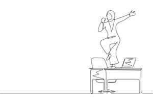 única linha contínua desenho trabalhador de escritório feliz dançando na mesa. empresária árabe dançando enquanto está sentado na mesa. se divertindo no trabalho. trabalhar a partir do conceito de casa. vetor de design gráfico de desenho de uma linha