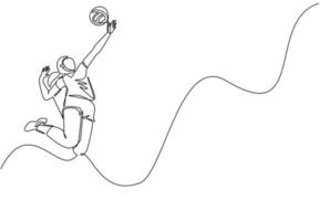 contínua uma linha de desenho jovem jogadora de voleibol profissional feminina exercitando o pico de salto na quadra. torneio de jogo de competição de esporte de equipe. ilustração gráfica de vetor de desenho de linha única