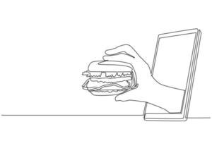uma linha contínua desenhando a mão segurando o hambúrguer através do celular. conceito de comida on-line de entrega de pedidos de restaurante. aplicativo para smartphones. ilustração gráfica de vetor de desenho de linha única