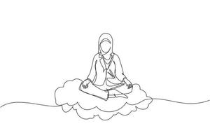 empresária árabe de desenho de linha contínua relaxa, medita em posição de lótus nas nuvens. mulher bonita relaxante com pose de ioga ou meditação. ilustração gráfica de vetor de desenho de linha única
