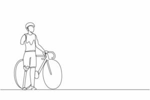 único homem de desenho de linha com perna protética ao lado de sua bicicleta. treinamento esportivo. jogo de deficiência. reabilitação de deficientes, reabilitação de recuperação. vetor gráfico de desenho de desenho de linha contínua