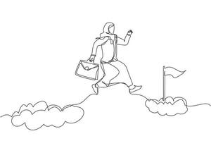 único desenho de linha contínua destemida empresária árabe corajosa corre o risco de saltar sobre nuvens para alcançar seu alvo de sucesso ou bandeira. desafio de sua carreira. ilustração em vetor de design gráfico de uma linha