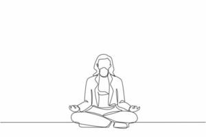 contínua uma linha de desenho jovem empresária fazendo ioga. trabalhador de escritório sentado em pose de ioga, meditação, relaxamento, acalmar e gerenciar o estresse. ilustração gráfica de vetor de desenho de linha única