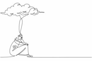 desenho contínuo de uma linha empresário árabe deprimido sentindo estresse e tristeza. sentado sob a nuvem de chuva. trabalhador infeliz com problema de negócios. ilustração gráfica de vetor de desenho de linha única
