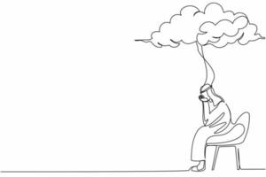 única linha contínua desenho tristeza empresário árabe sentado na cadeira sob a nuvem de chuva. preocupado com o fracasso dos negócios, economia de colapso, crise econômica. ilustração vetorial de design de desenho de uma linha vetor