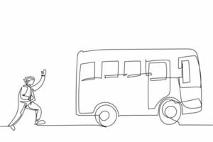 contínuo um empresário de desenho de linha correr perseguindo tentar pegar ônibus. pressa correndo para obter transporte, veículo público de passageiros. metáfora de negócios. ilustração em vetor de design gráfico de linha única