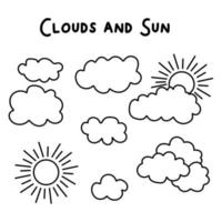 conjunto desenhado à mão com nuvens e sol no estilo doodle vetor