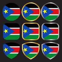 ícone de vetor de bandeira do Sudão do Sul definido com borda de ouro e prata