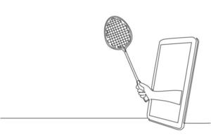 a mão do jogador de desenho de uma única linha segura a raquete de badminton através do telefone celular. smartphone com aplicativo de jogos de badminton. campeonato de transmissão de esportes móveis. vetor gráfico de desenho de desenho de linha contínua