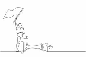 únicos robôs de desenho de linha contínua segurando a bandeira e derrotando o rei do xadrez. robótica moderna inteligência artificial. indústria de tecnologia eletrônica. uma linha desenhar ilustração em vetor design gráfico