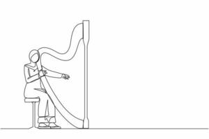 único desenho de uma linha músico de mulher árabe tocando harpa. personagem de artista de música clássica com instrumento musical. mulher sentada, tocando harpa. ilustração em vetor gráfico de design de linha contínua