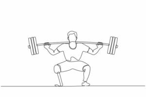 um único desenho de linha levantador de peso de homem com deficiência com pernas amputadas. treino de levantamento de peso atlético com músculos de barra esporte homem forte belo corpo fitness. vetor gráfico de design de linha contínua