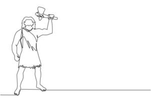um único desenho de uma linha homem das cavernas segurando e levantado o machado de pedra no alto. caçador de homens pré-históricos. o homem antigo está caçando animais para comer. ilustração em vetor gráfico de desenho de linha contínua moderna