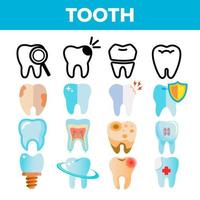 ícone de dente definido vetor. dráfico dental. cuidados médicos orais. ícone de dor de dente na boca. linha, ilustração plana vetor