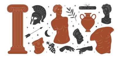 estátuas gregas, elementos de mármore e conjunto de ilustração de objetos de arte. esculturas antigas em estilo desenhado à mão. ilustração vetorial. vetor