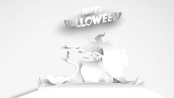 fundo de halloween com bruxa em estilo de escultura de arte de papel. festa de modelo de banner, pôster, panfleto ou convite. ilustração vetorial. vetor
