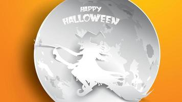 fundo de halloween com bruxa, lua e vassoura em estilo de escultura de arte de papel. festa de modelo de banner, pôster, panfleto ou convite. ilustração vetorial. vetor