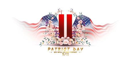 9 11 memorial day setembro 11.patriot day nyc world trade center. nós nunca esqueceremos, os ataques terroristas de 11 de setembro.Twin Tower World Trade Center com flor de coroa de condolências vetor